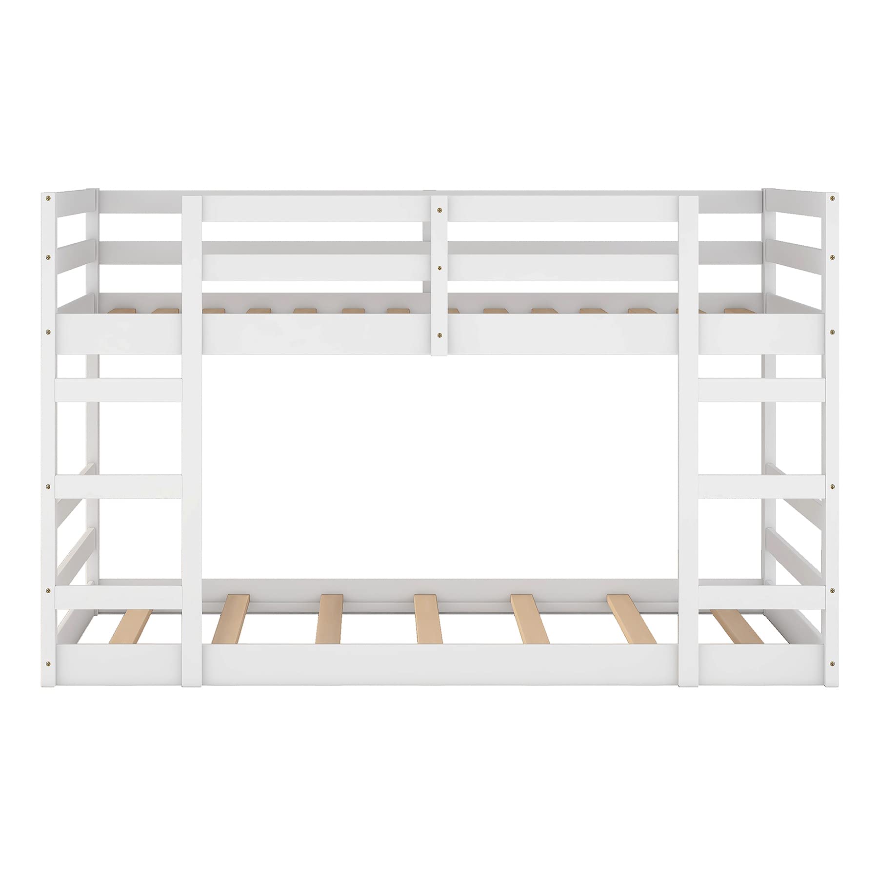 Harper & Bright Designs Kids Low Bunk Bed, Wood Twin Over Twin Floor Bunk Bed Frame with Ladder, Safety Guardrail, Twin Size Floor Bunk Bed, No Box Spring Needed, White