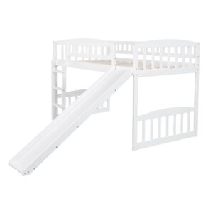 Twin Size Low Loft Bed with Slide and Ladder, Wooden Loft Bed Frame for Kids Girls Boys – White