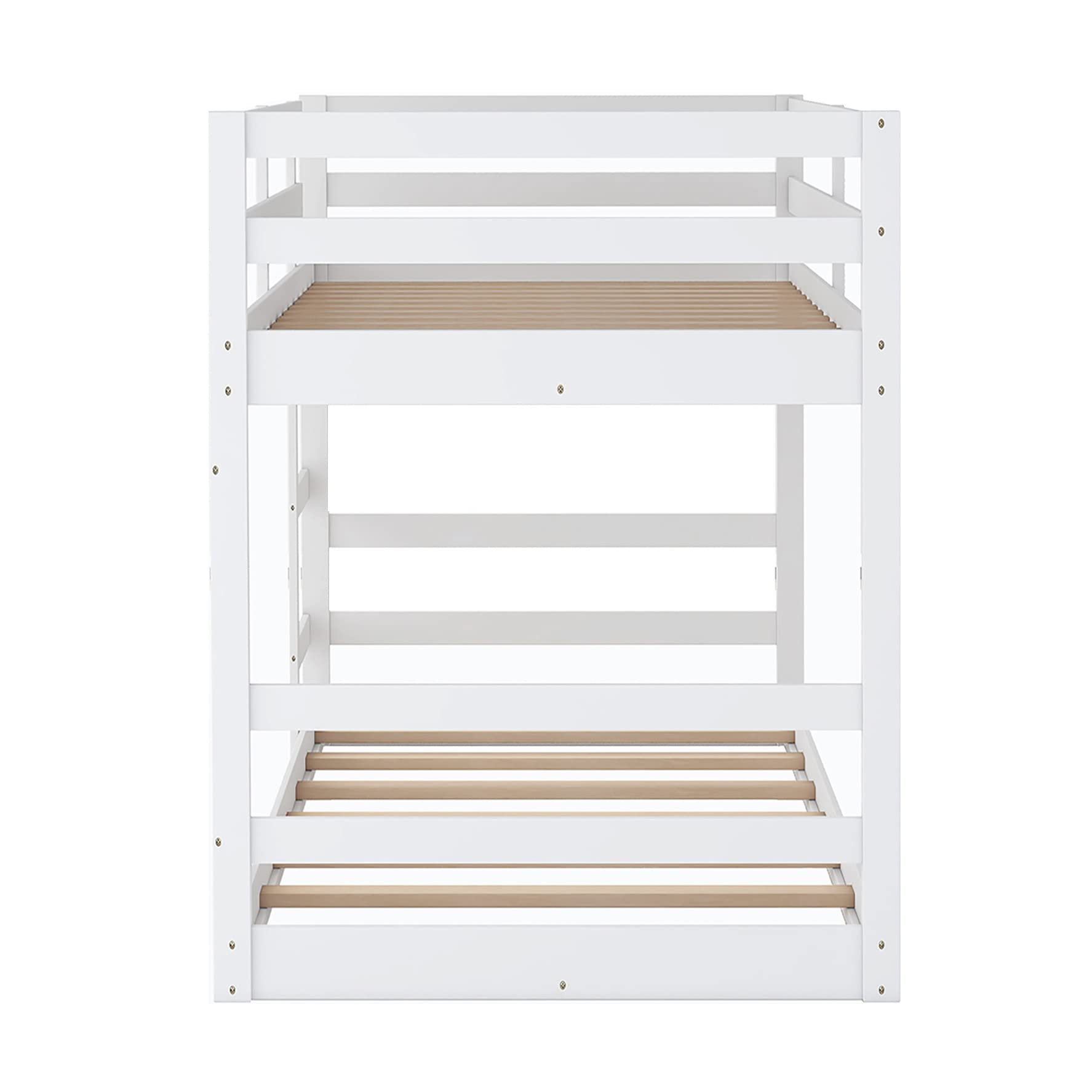 Harper & Bright Designs Kids Low Bunk Bed, Wood Twin Over Twin Floor Bunk Bed Frame with Ladder, Safety Guardrail, Twin Size Floor Bunk Bed, No Box Spring Needed, White