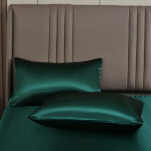 Ydtwnyq 3 PCS Dark Green Satin Silky Duvet Cover Queen Size Luxury Silky Duvet Cover Sets Super Soft Bedding Set Solid Color 90"x90" Duvet Cover,2 Pillowcases(Queen,Dark Green)