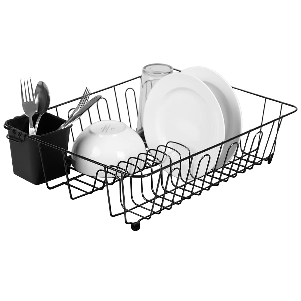 Home Basics Vinyl Coated Wire Dish Drying Rack with Square Utensil Holder, (Black) Countertop Dish Drainer | Padded Feet to Protect Countertops | Dual Side Drinkware Space