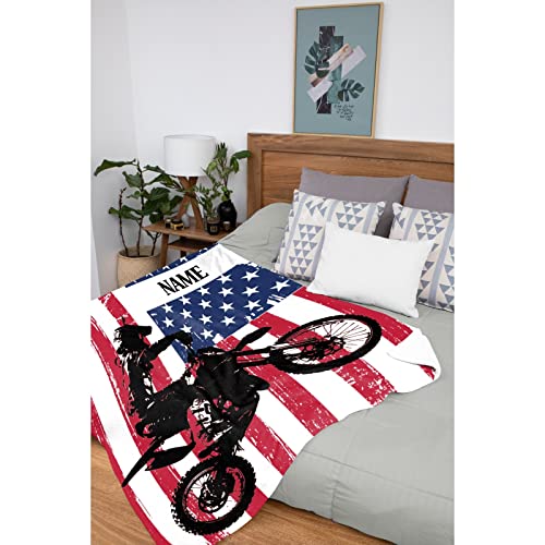 American Flag Motocross Dirtbike Custom Blanket Personalized Name Blanket with Text for Great Gift for Family, Christmas, Soft Flannel Customized Name Blankets for Girls, Boys M 60"x50" for Teen