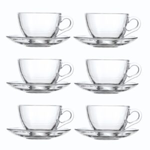 gurudar glass teacup and saucer set, 6 pack coffee mug with stainless steel spoon suitable for espresso juice cappuccino and more beverage, 7oz/210ml, clear