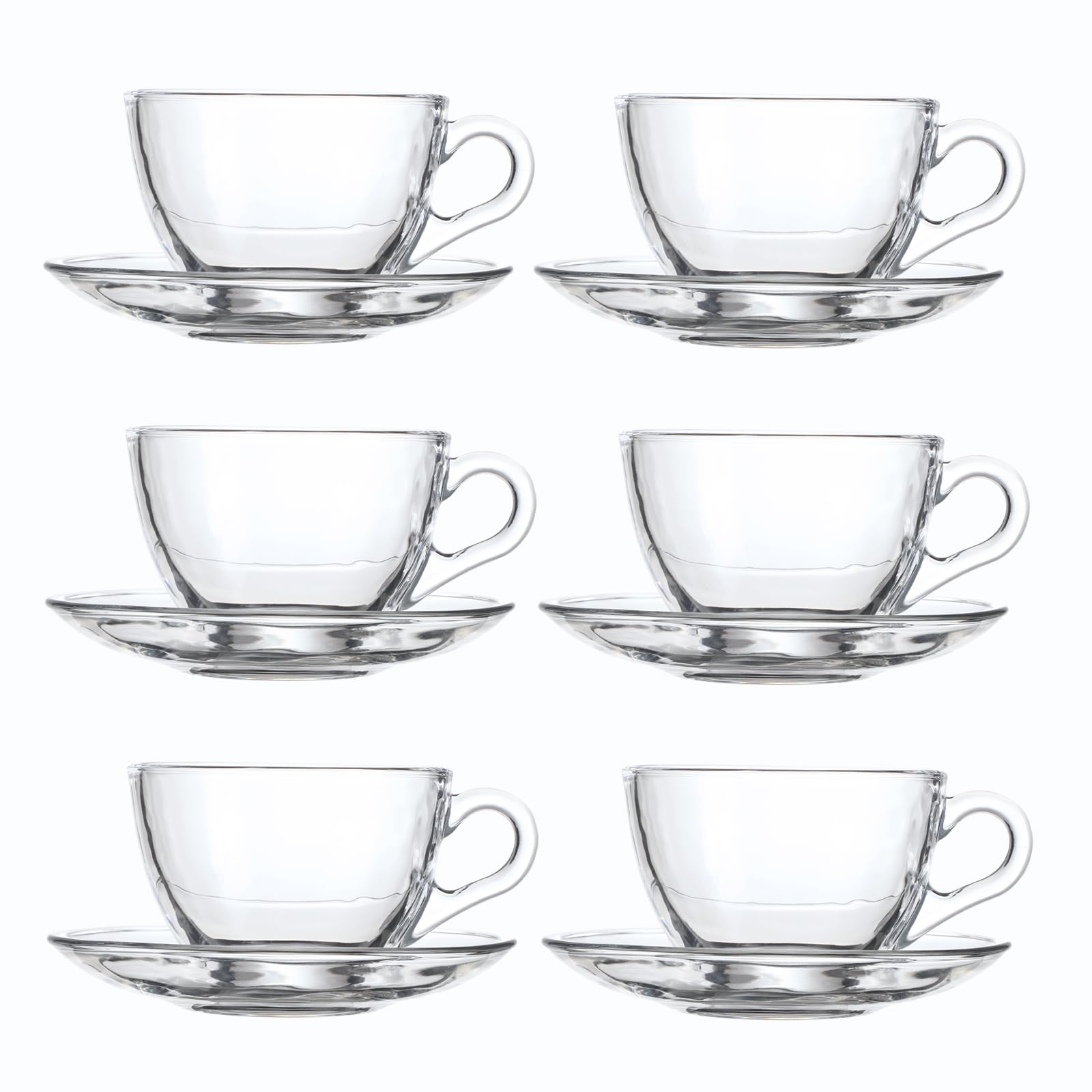 GURUDAR Glass Teacup and Saucer Set, 6 Pack Coffee Mug with Stainless Steel Spoon Suitable for Espresso Juice Cappuccino and More Beverage, 7OZ/210ML, Clear