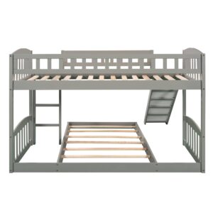 Harper & Bright Designs Low Bunk Bed Twin Over Twin, Wood Floor Bunk Bed with Slide and Ladder, L-Shape Bunk Bed for Kids Toddlers Teens Boys & Girls (Gray)