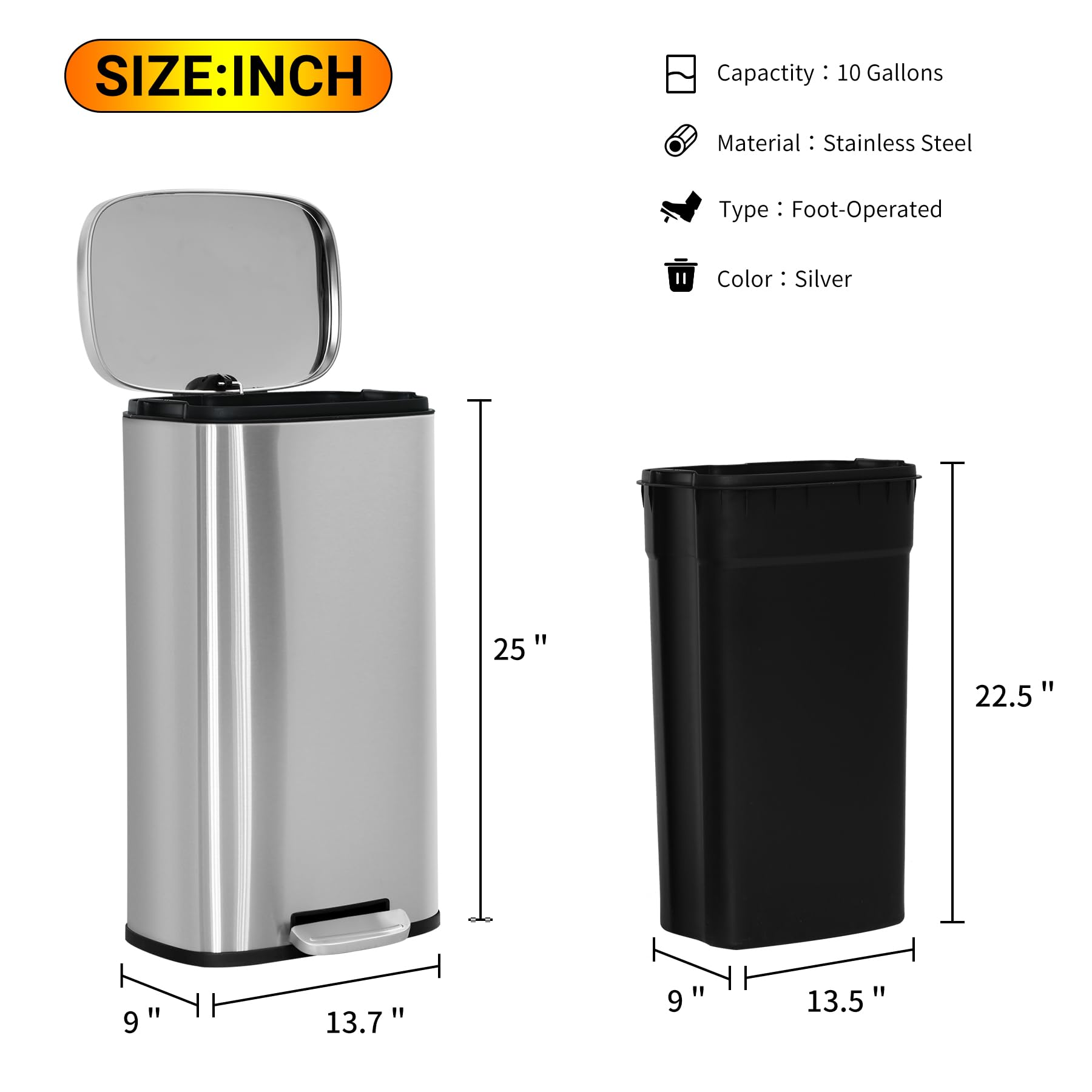 BLKMTY Trash Can Kitchen Trash Can with Lid for Office Bathroom Garbage Bin Step Trash Bin Pedal Trash Can Stainless Steel Garbage Can with Removable Inner Bucket Tall 10 Gallon/45L Rubbish Bin