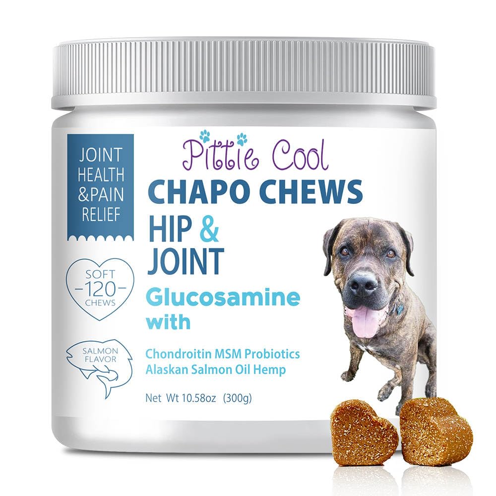 Pittie Cool Chapo Chews, 120 Glucosamine Hip & Joint Supplement for Dogs, Extra Strength, Chondroitin, MSM, Probiotics, Hemp & Salmon Oil. Treats Arthritis, Pain & Inflammation, Mobility, Gut Health