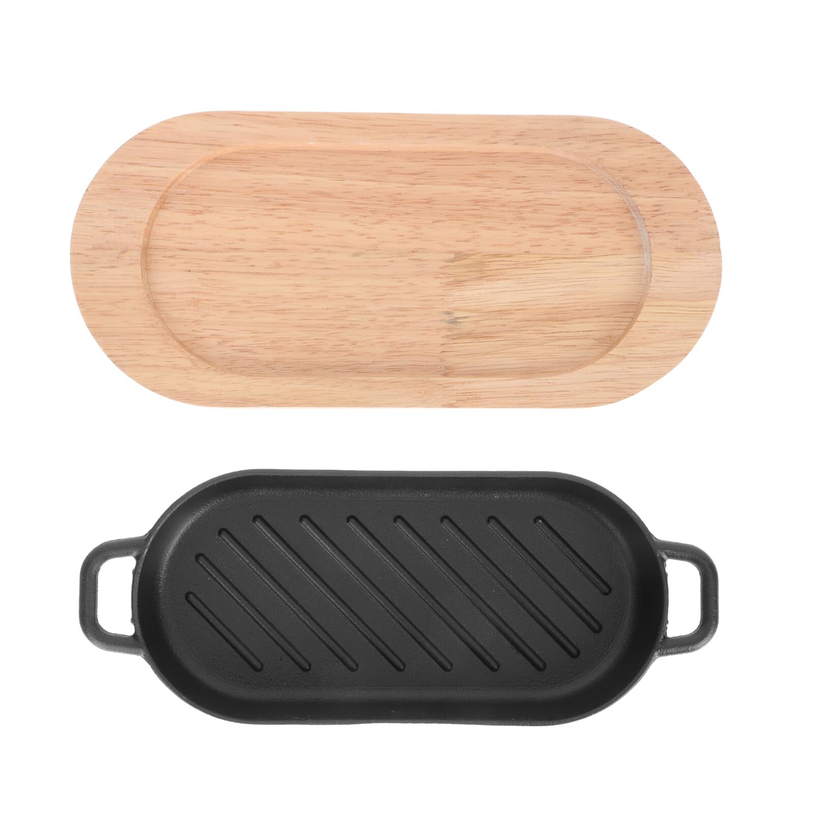 SIZZLING PLATE WITH WOODEN BASE- Cast Iron Steak Platter Pre- Seasoned Cast Iron Fajita Pan Sizzling Fajita Pan Japanese Steak Plate with Wood Base for Restaurant