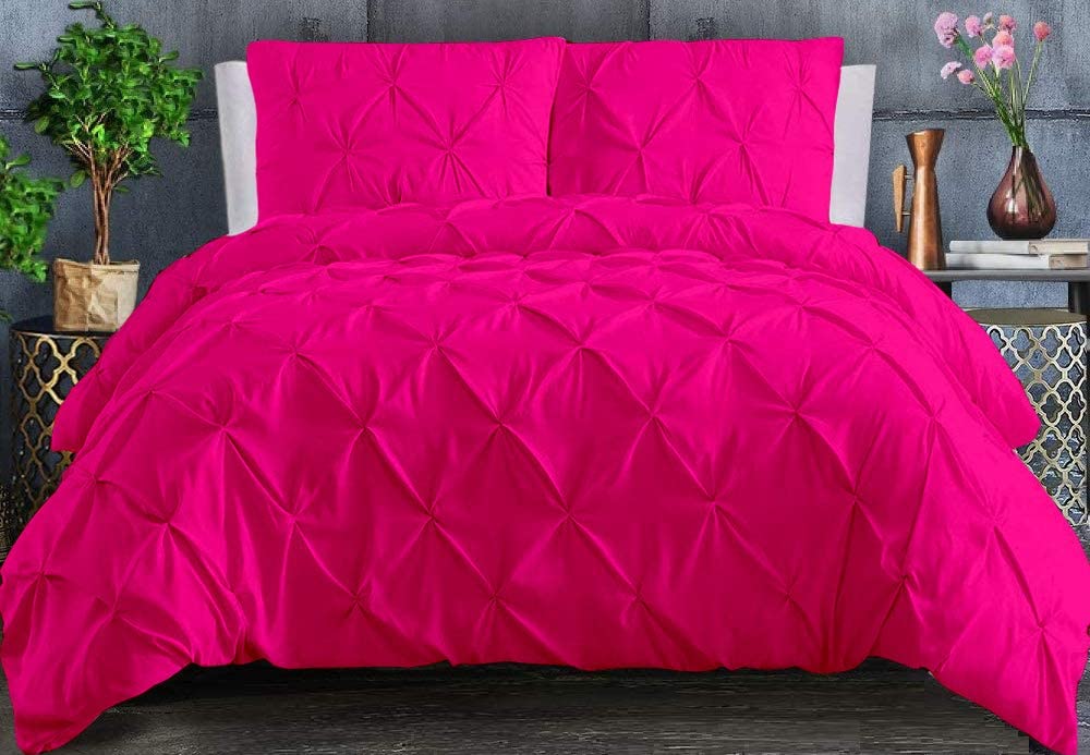 100% Cotton 600 Thread Count 5 Piece Pinch Pleated Duvet Set, 1 Piece Pinch Pleated Duvet Cover With Zipper Closure & Corner Ties And 4 Pillow Cover (King/California King Size, Hot Pink)