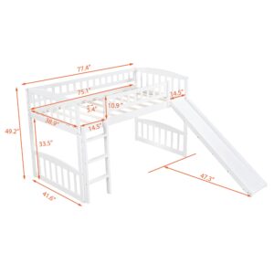 Twin Size Low Loft Bed with Slide and Ladder, Wooden Loft Bed Frame for Kids Girls Boys – White