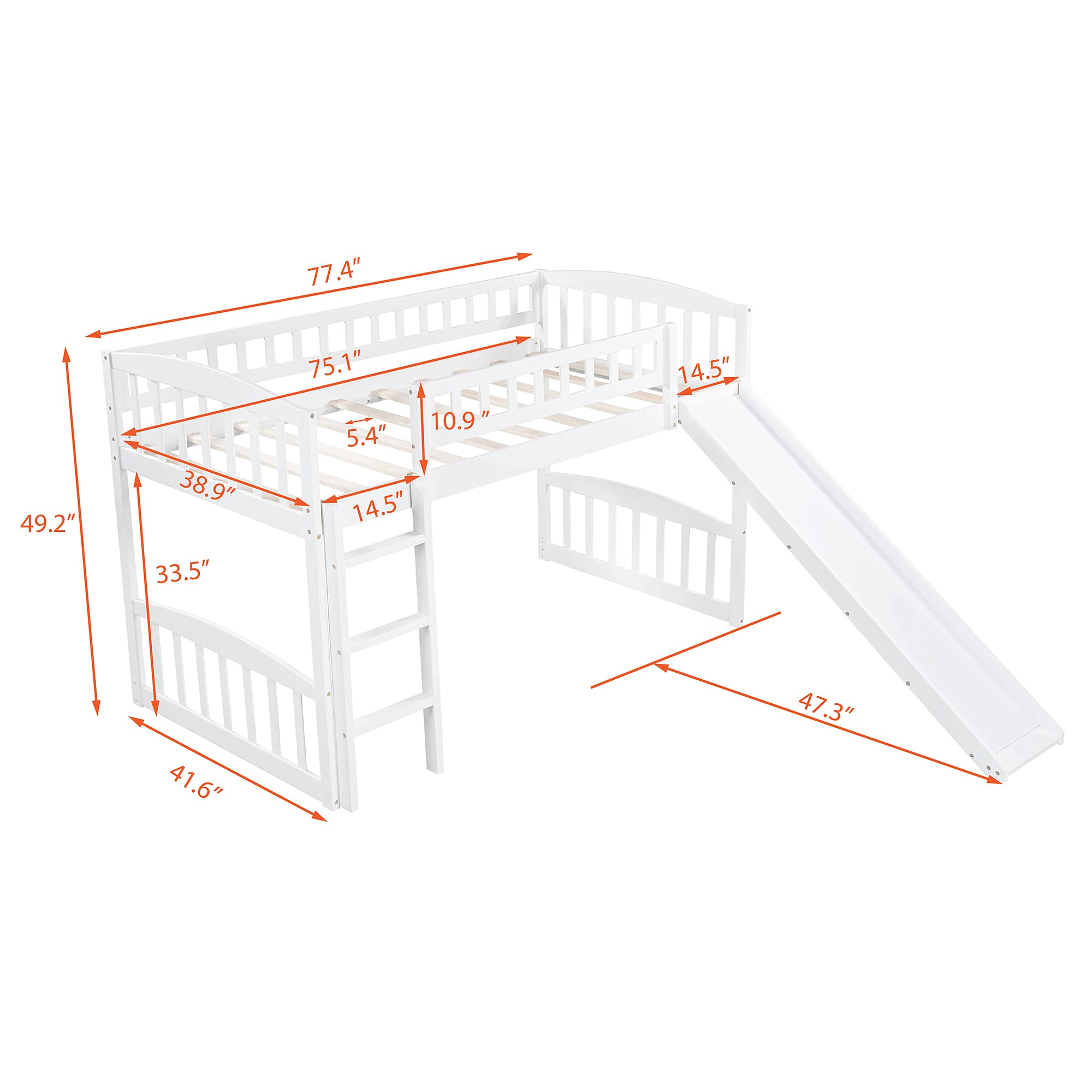 Twin Size Low Loft Bed with Slide and Ladder, Wooden Loft Bed Frame for Kids Girls Boys – White