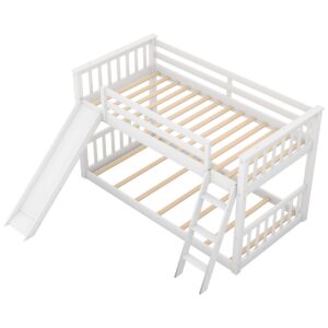 Harper & Bright Designs Low Bunk Beds with Slide, Solid Wood Twin Over Twin Bunk Beds Frame with Ladder, Safety Guardrail, Twin Size Floor Bunk Bed for Kids, Teens, White