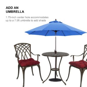 Polar Aurora 3 Piece Patio Bistro Set Cast Aluminum Bistro Table Set Outdoor Round Dining Table with Umbrella Hole for Porch, Lawn, Garden, Backyard, Pool,Bronze