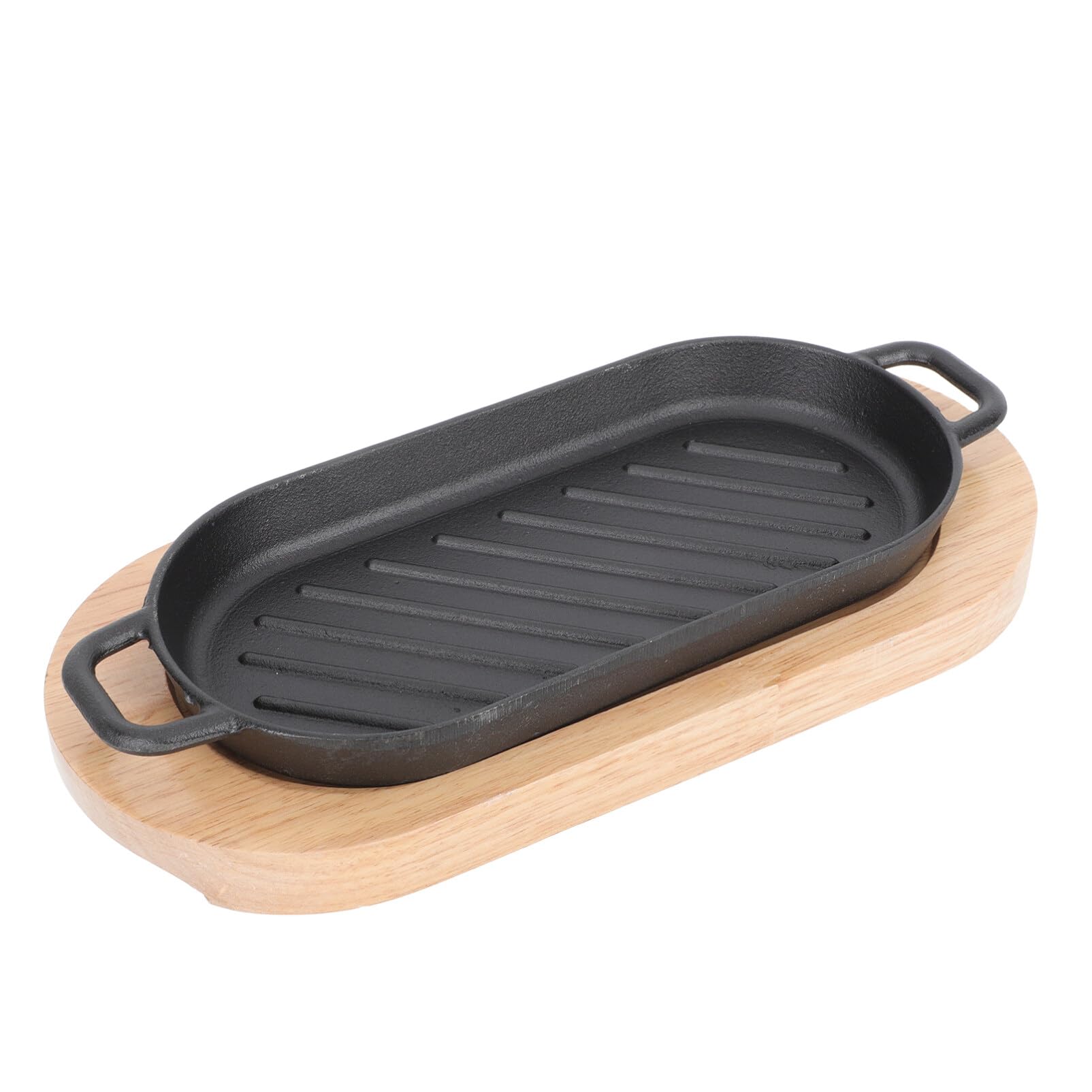 SIZZLING PLATE WITH WOODEN BASE- Cast Iron Steak Platter Pre- Seasoned Cast Iron Fajita Pan Sizzling Fajita Pan Japanese Steak Plate with Wood Base for Restaurant