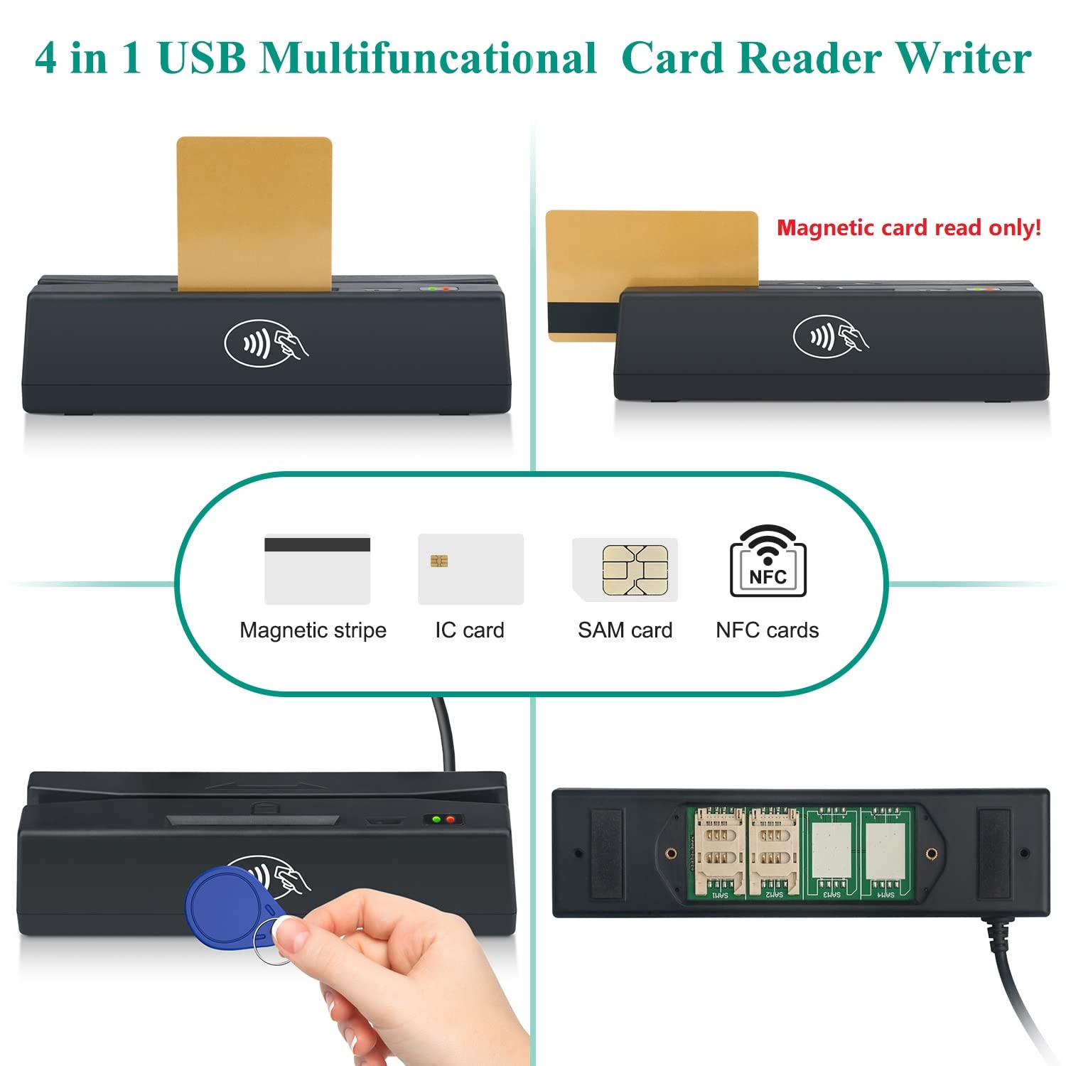 Ossiygar Combo 4 in 1 Multifuntional Desktop Card Reader Writer, Support Reading Magstripe Card, Read and Write Contactless Card, Chip, PSAM Card for Membership System with Demo Software