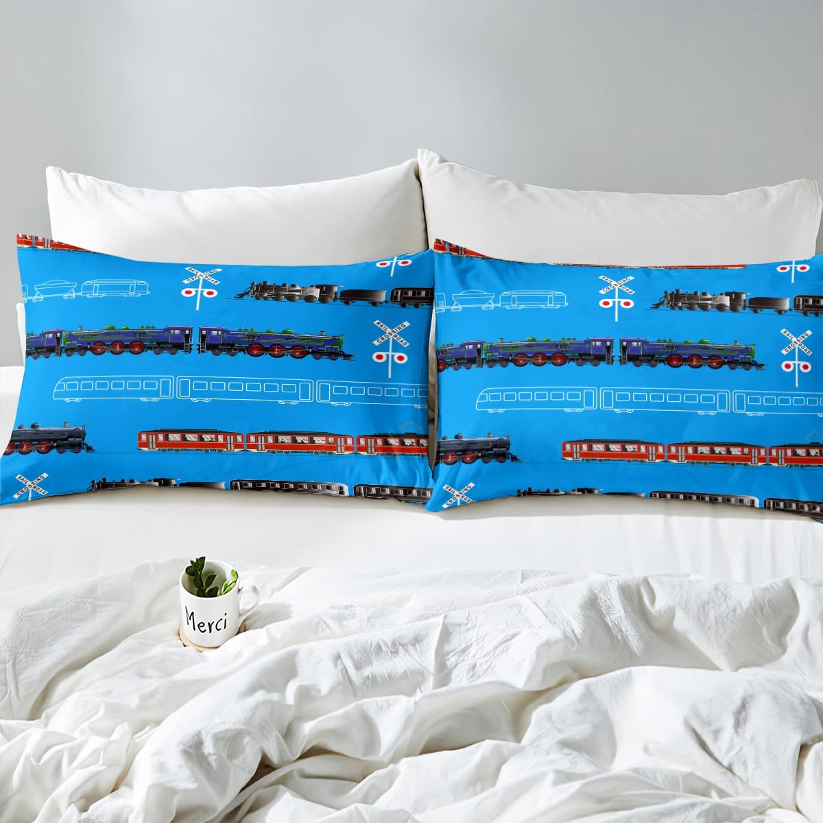 Feelyou Train Kids Boys Duvet Cover Retro Steam Engine Toddler Bedding Set for Teens Railway Track Transport Comforter CoverRed Blue Black Decor Quilt Cover Room 3Pcs Queen Size,Zipper…