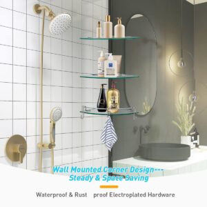 HouseMila Glass Shower Shelves 3 Tier Glass Corner Shelf with 3 Hangers, Corner Shelf for Shower Organizer with Rail Drill Hole Glass Shelves for Bathroom