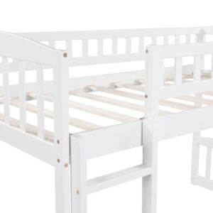 Twin Size Low Loft Bed with Slide and Ladder, Wooden Loft Bed Frame for Kids Girls Boys – White