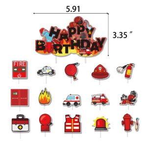 Firefighter Birthday Party Supplies Fire truck Party Decorations Fire Truck Balloon Fire Banner Firetruck Cupcake Toppers with Ribbons and Some Adhesive Silicone Points