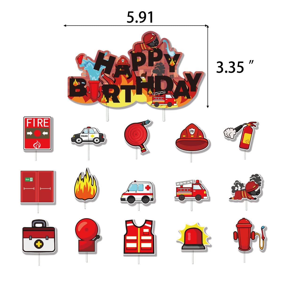 Firefighter Birthday Party Supplies Fire truck Party Decorations Fire Truck Balloon Fire Banner Firetruck Cupcake Toppers with Ribbons and Some Adhesive Silicone Points