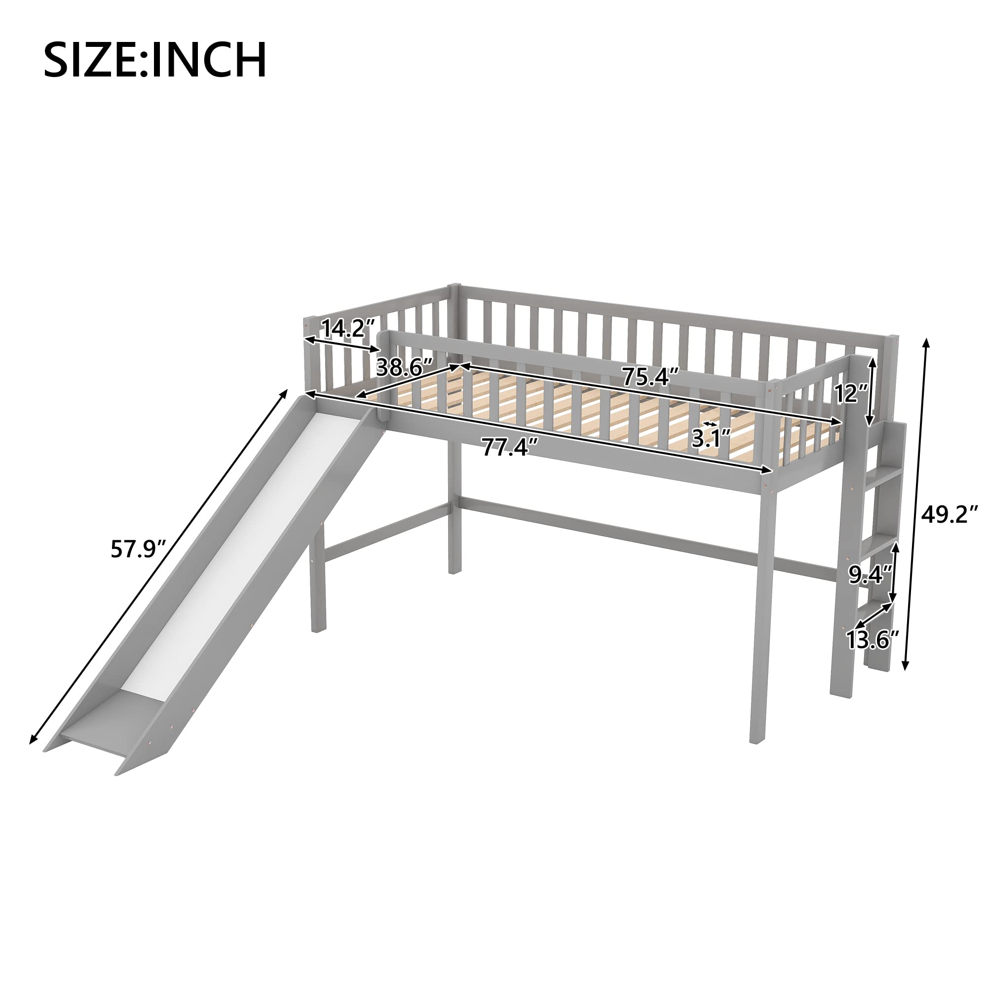 Twin Size Loft Bed with Slide, Wooden Low Loft Bed Frame for Kids Girls Boys (Gray)