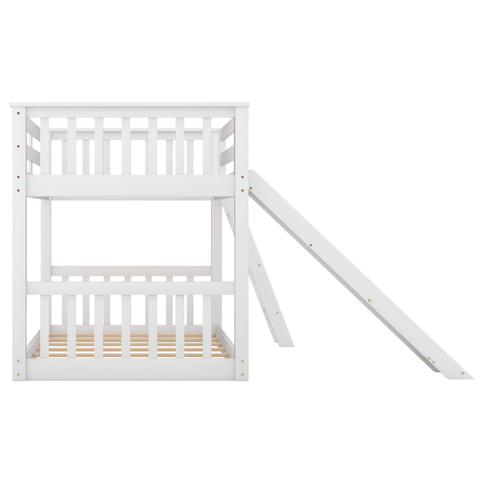 Harper & Bright Designs Low Bunk Beds with Slide, Solid Wood Twin Over Twin Bunk Beds Frame with Ladder, Safety Guardrail, Twin Size Floor Bunk Bed for Kids, Teens, White