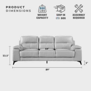 Lexicon Leather Couch, Modern Couch Sofa, Top Grain Leather Sofa, Oversized Sofa for Living Room, Bedroom, Office, Apartment, 3-Seater Couches, Silver Gray