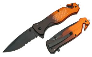 blue steel edc cool sharp tactical folding pocket knife, speedsafe with liner lock, pocketclip, glass breaker, seatbelt cutter, color - orange