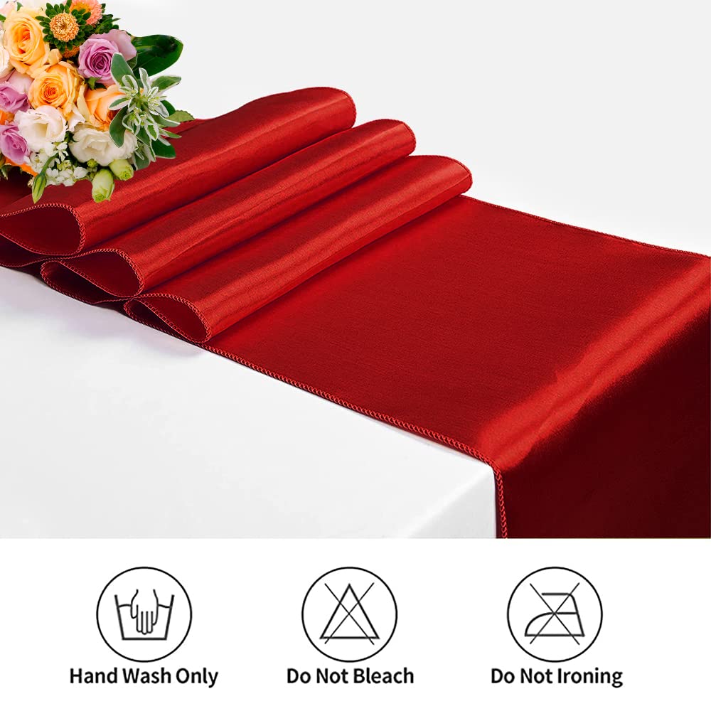 Sunfiy 12 Pack Satin Table Runner 12 x 108 Inch Red Long Table Cloth Satin Table Runners for Wedding Banquet Graduations Birthday Party Decoration