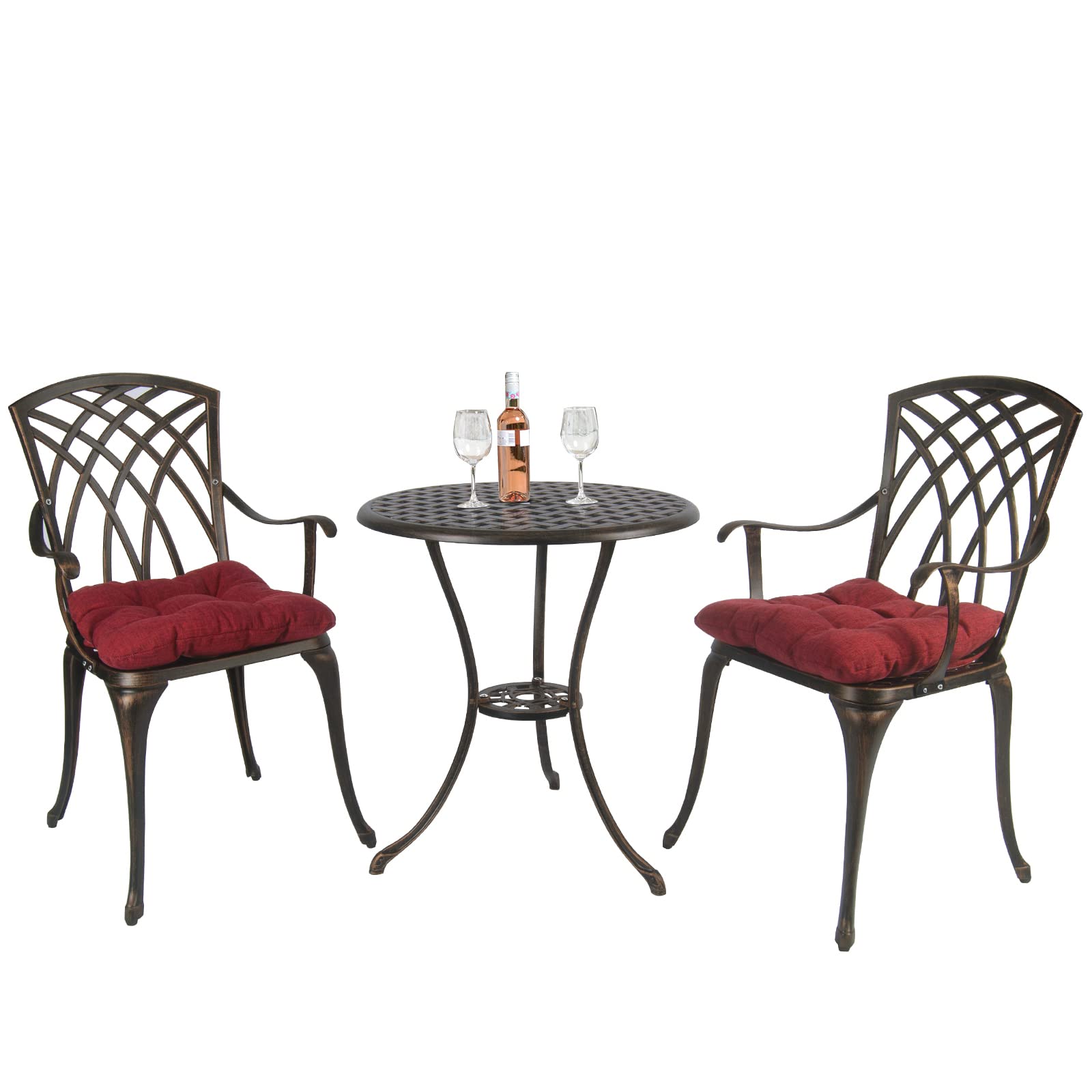 Polar Aurora 3 Piece Patio Bistro Set Cast Aluminum Bistro Table Set Outdoor Round Dining Table with Umbrella Hole for Porch, Lawn, Garden, Backyard, Pool,Bronze