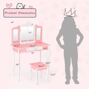 KOTEK Kids Vanity Set w/Tri-Folding Mirror, 2 in 1 Wooden Princess Makeup Dressing Table w/Detachable Top & Storage Drawers, Pretend Beauty Play Vanity Table Set for Girls (Pink Star Print)