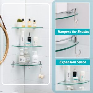 HouseMila Glass Shower Shelves 3 Tier Glass Corner Shelf with 3 Hangers, Corner Shelf for Shower Organizer with Rail Drill Hole Glass Shelves for Bathroom