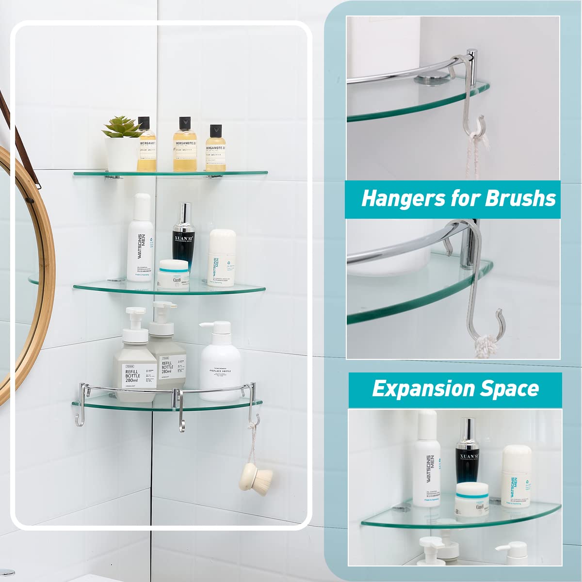 HouseMila Glass Shower Shelves 3 Tier Glass Corner Shelf with 3 Hangers, Corner Shelf for Shower Organizer with Rail Drill Hole Glass Shelves for Bathroom