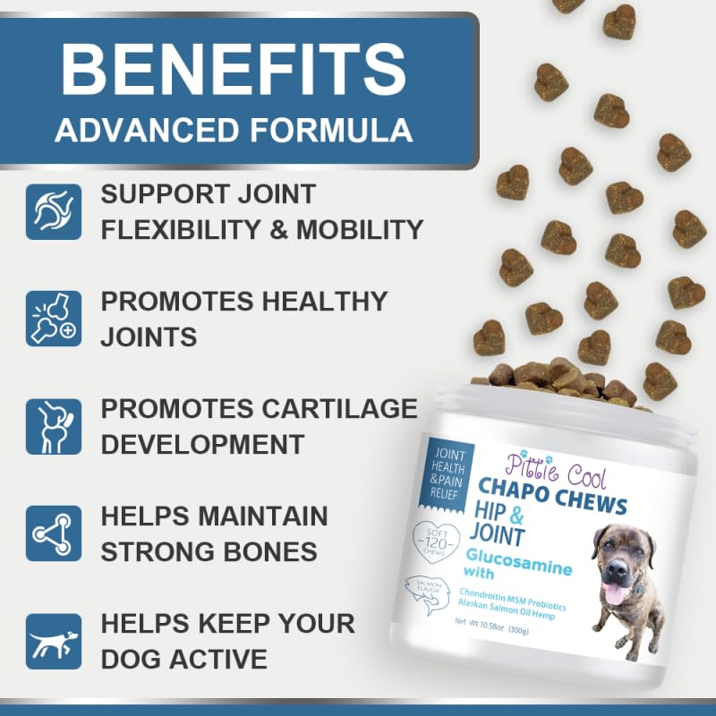 Pittie Cool Chapo Chews, 120 Glucosamine Hip & Joint Supplement for Dogs, Extra Strength, Chondroitin, MSM, Probiotics, Hemp & Salmon Oil. Treats Arthritis, Pain & Inflammation, Mobility, Gut Health