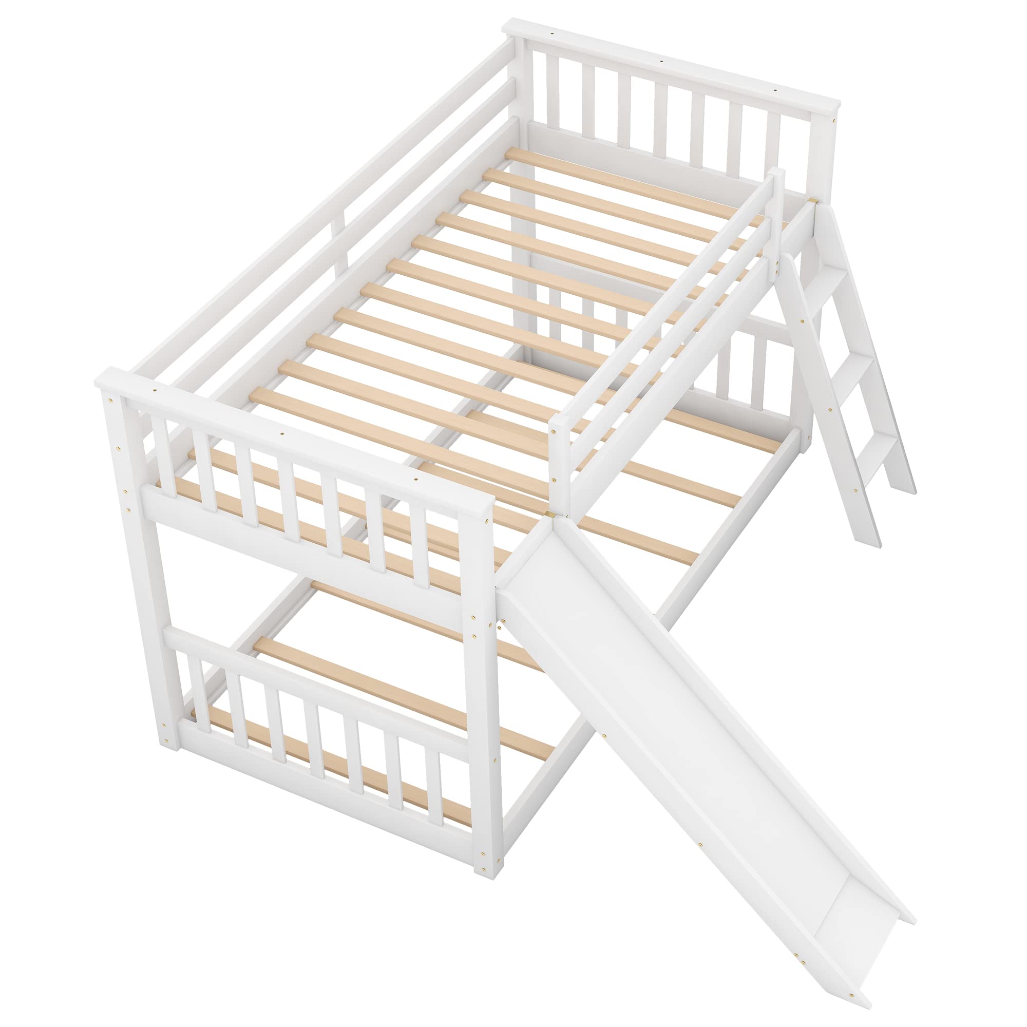 Harper & Bright Designs Low Bunk Beds with Slide, Solid Wood Twin Over Twin Bunk Beds Frame with Ladder, Safety Guardrail, Twin Size Floor Bunk Bed for Kids, Teens, White