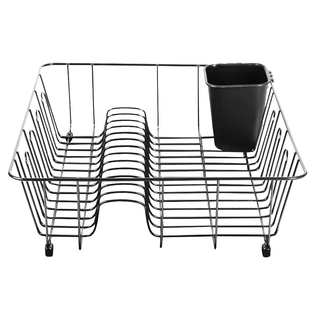 Home Basics Vinyl Coated Wire Dish Drying Rack with Square Utensil Holder, (Black) Countertop Dish Drainer | Padded Feet to Protect Countertops | Dual Side Drinkware Space