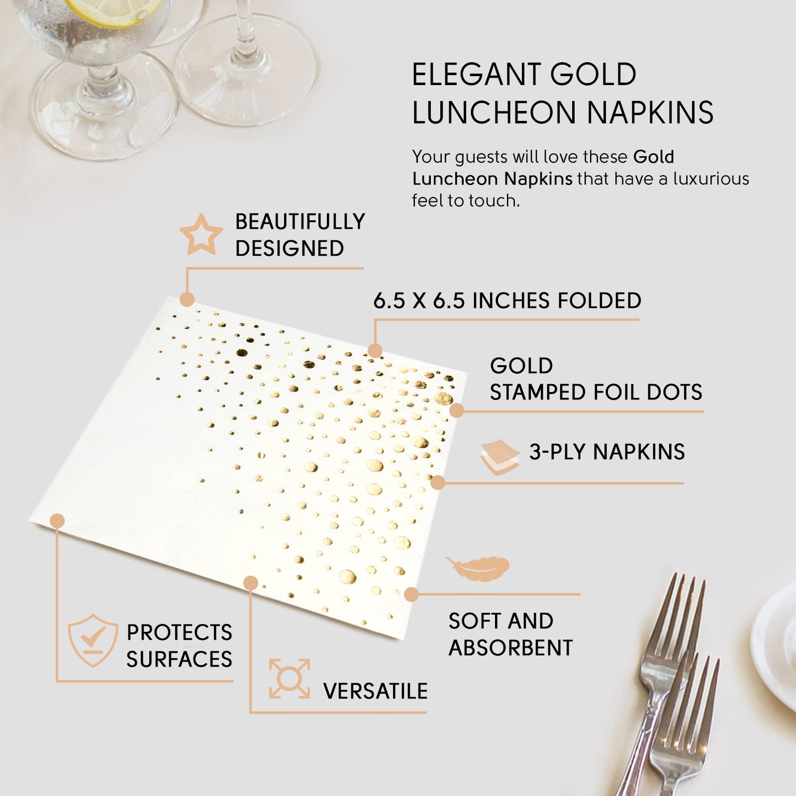 Stylish White and Gold Napkins for Party - 6.5 x 6.5 Inch Gold Lunch Napkins - 50 White and Gold Paper Napkins - 3-Ply Gold Luncheon Napkins - Wedding Napkins or Gold Bridal Shower Napkins