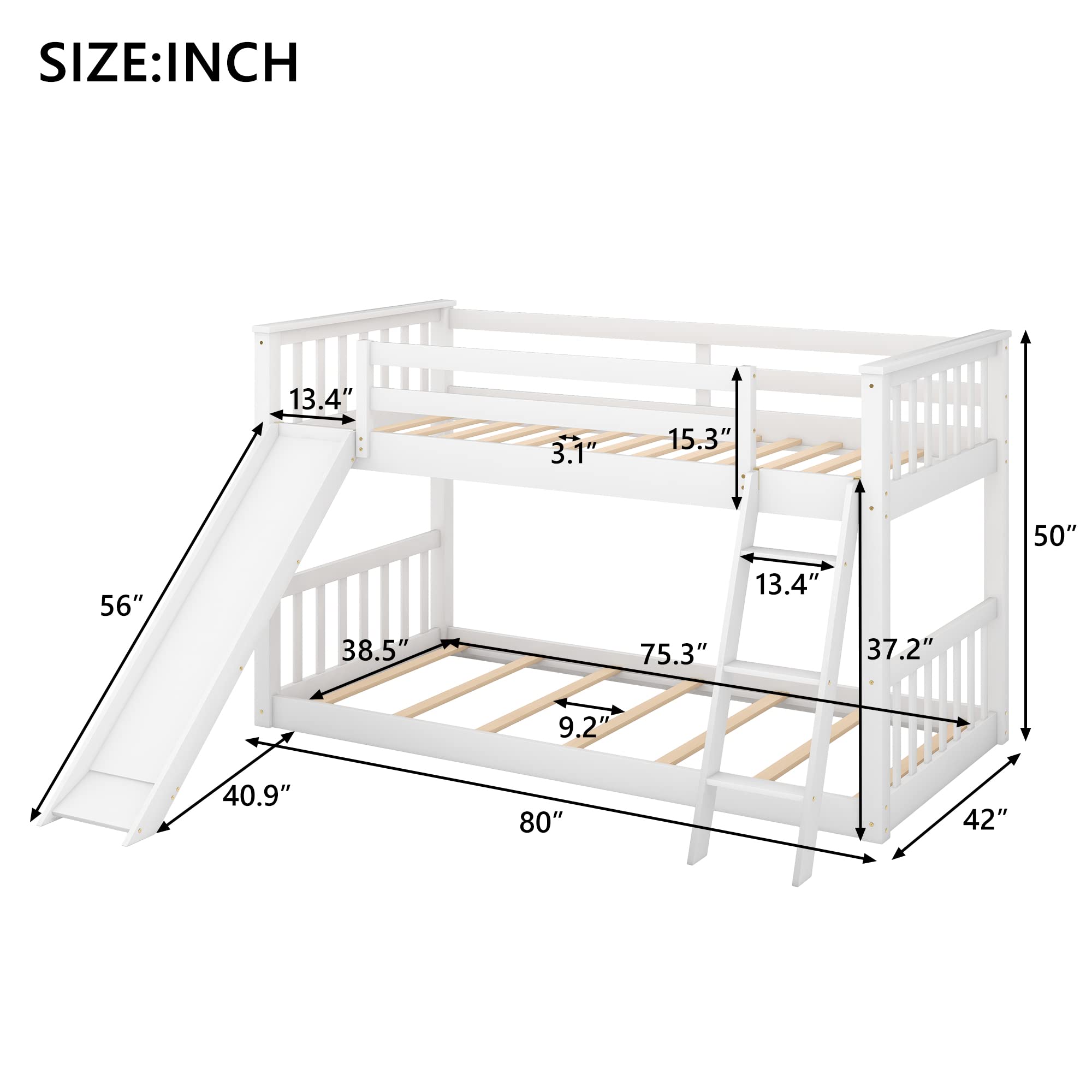 Harper & Bright Designs Low Bunk Beds with Slide, Solid Wood Twin Over Twin Bunk Beds Frame with Ladder, Safety Guardrail, Twin Size Floor Bunk Bed for Kids, Teens, White