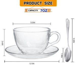 GURUDAR Glass Teacup and Saucer Set, 6 Pack Coffee Mug with Stainless Steel Spoon Suitable for Espresso Juice Cappuccino and More Beverage, 7OZ/210ML, Clear