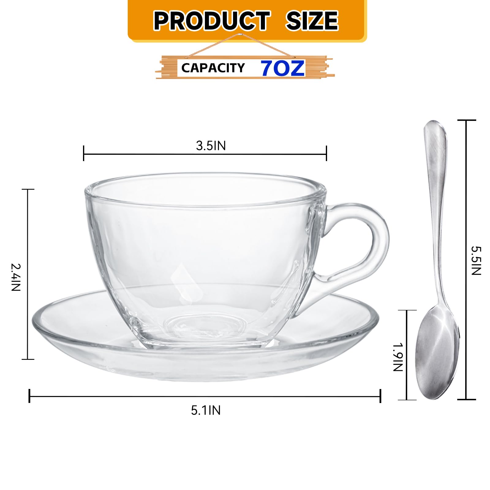 GURUDAR Glass Teacup and Saucer Set, 6 Pack Coffee Mug with Stainless Steel Spoon Suitable for Espresso Juice Cappuccino and More Beverage, 7OZ/210ML, Clear