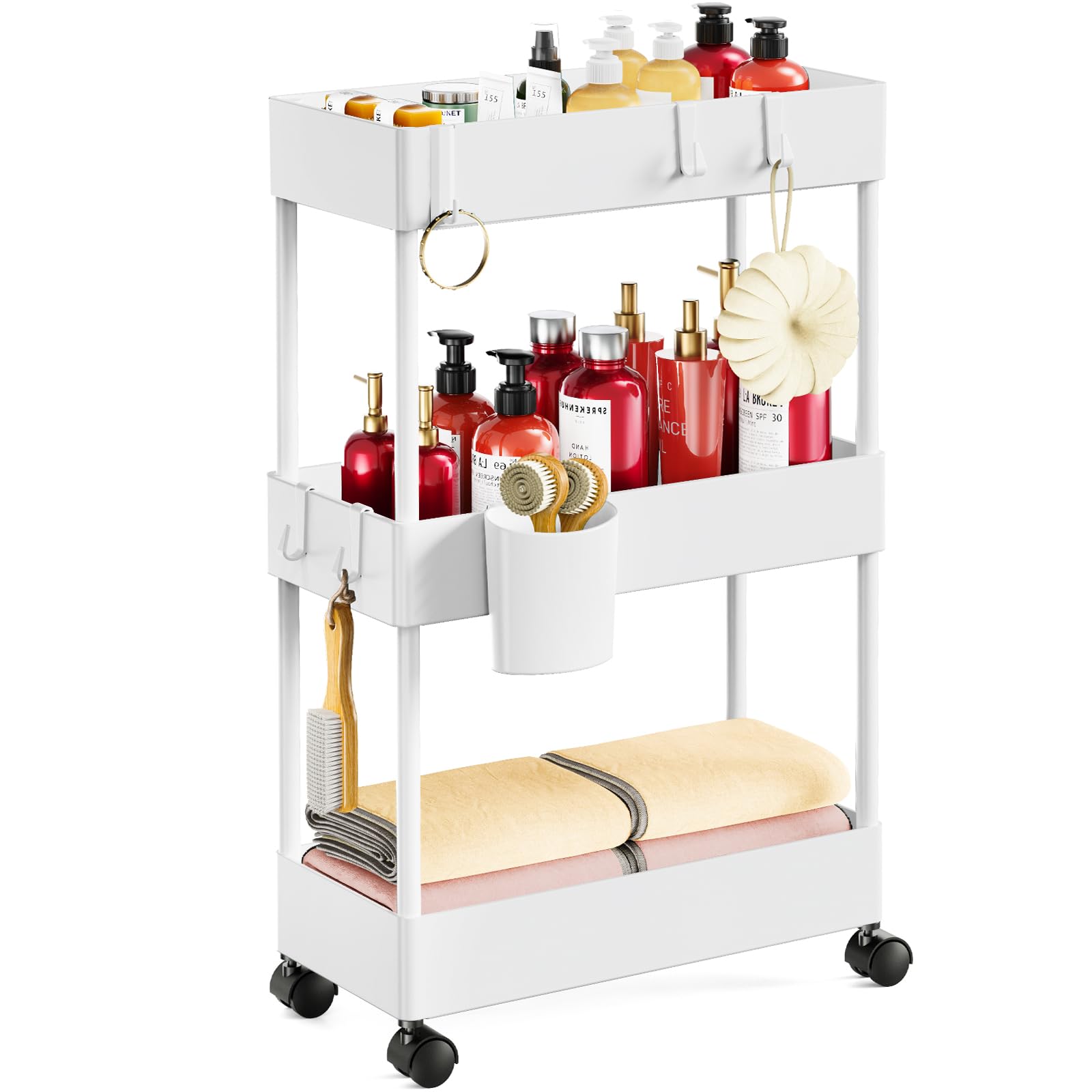 Pipishell Slim Storage Cart with Wheels, Bathroom Cart Organizer Small, Rolling Cart for Bathroom, Laundry Room, Kitchen, Narrow Space, White PIUC04W, 7.08/''D X 15.7/''W X 25.2/''H