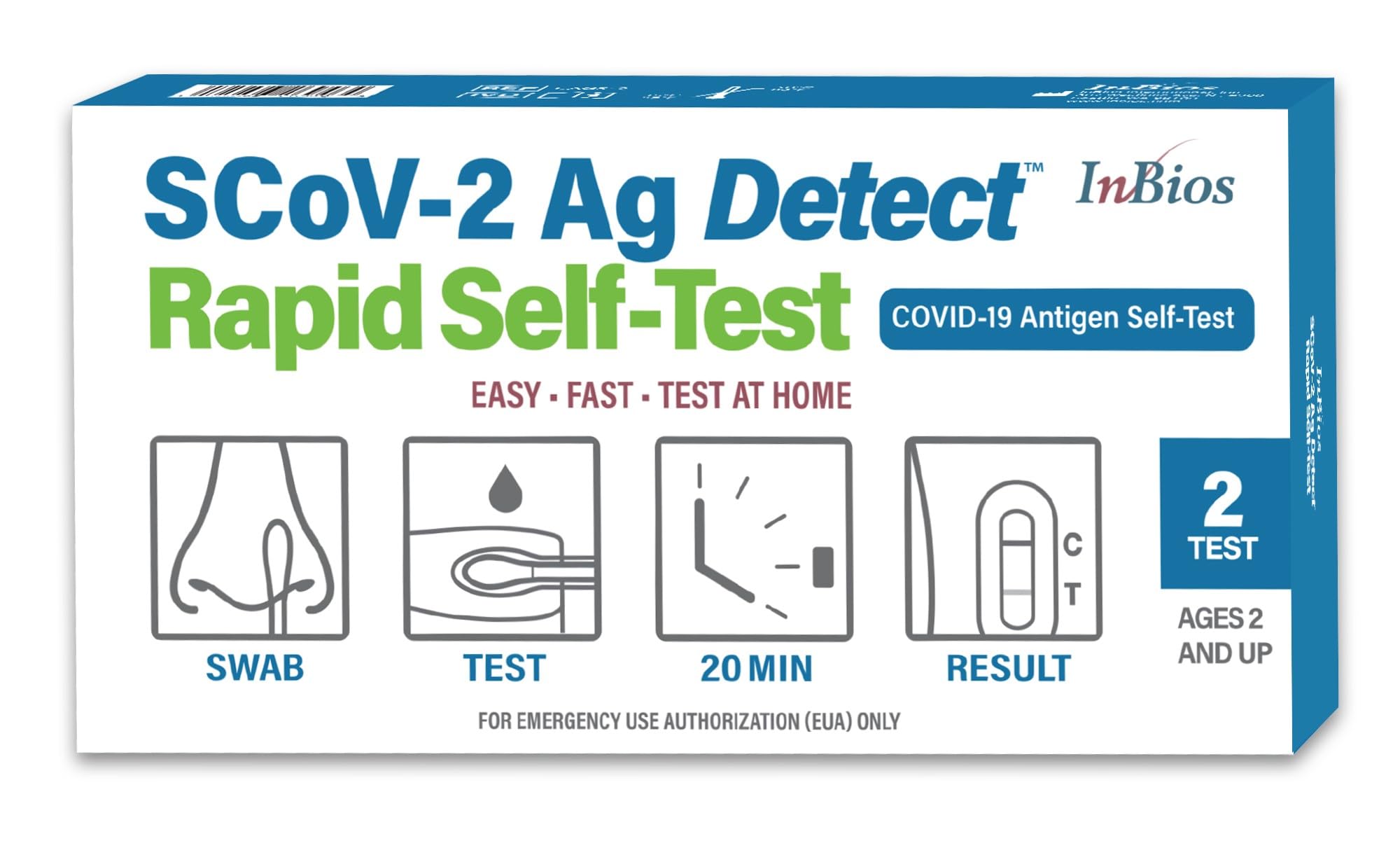 COVID-19 Antigen Rapid Test, 1 Pack, 2 Tests Total, Easy To Use – No Mixing Step, SCoV-2 Ag Detect Rapid Self-Test, FDA Emergency Use Authorized, Test at Home