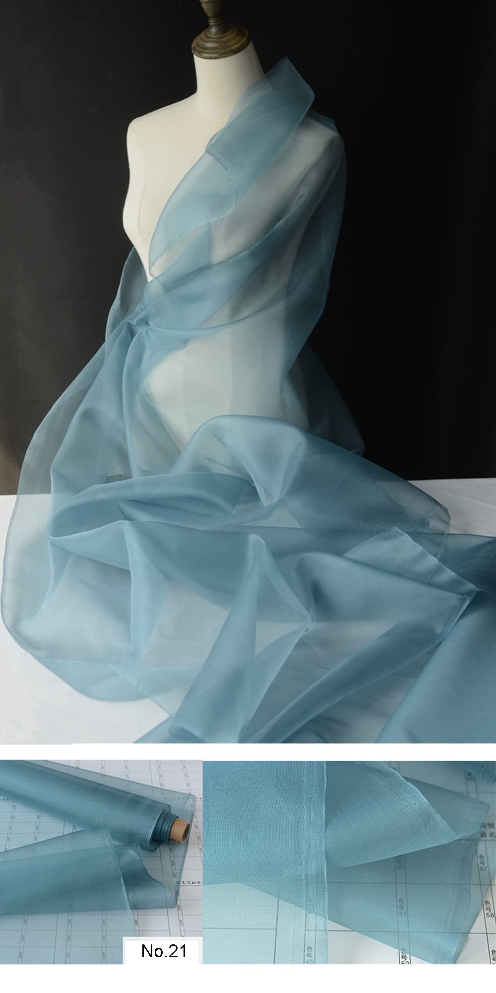 100% Mulberry Silk Organza Width 44 inches Solid Color 5m/m Pure Silk Tulle Fabric for Wedding DIY Sewing by The Meter (21 Lake Blue)