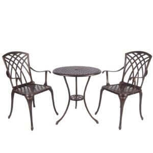 Polar Aurora 3 Piece Patio Bistro Set Cast Aluminum Bistro Table Set Outdoor Round Dining Table with Umbrella Hole for Porch, Lawn, Garden, Backyard, Pool,Bronze