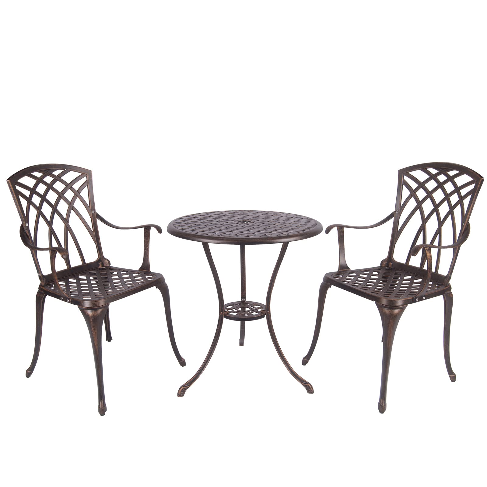 Polar Aurora 3 Piece Patio Bistro Set Cast Aluminum Bistro Table Set Outdoor Round Dining Table with Umbrella Hole for Porch, Lawn, Garden, Backyard, Pool,Bronze