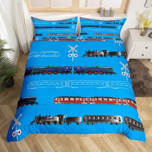 feelyou train kids boys duvet cover retro steam engine toddler bedding set for teens railway track transport comforter coverred blue black decor quilt cover room 3pcs queen size,zipper…