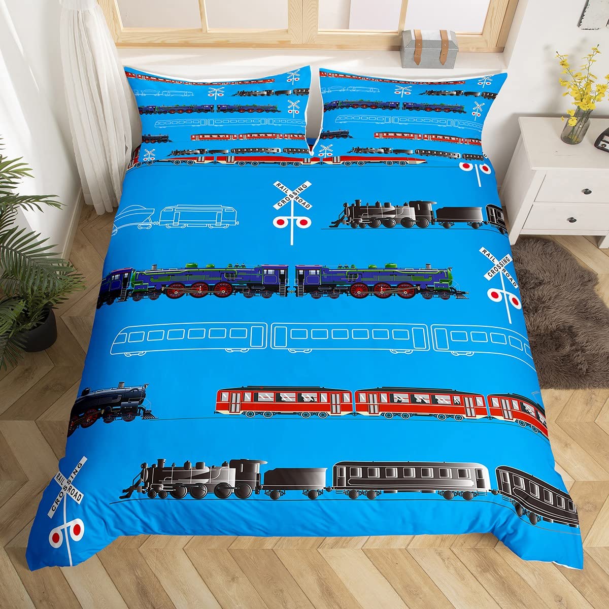 Feelyou Train Kids Boys Duvet Cover Retro Steam Engine Toddler Bedding Set for Teens Railway Track Transport Comforter CoverRed Blue Black Decor Quilt Cover Room 3Pcs Queen Size,Zipper…