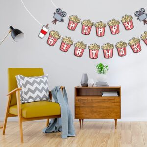 Movie Night Theme Happy Birthday Banner, Popcorn Inspired Birthday Party Sign, Watching Movie Bday Pennant Decor