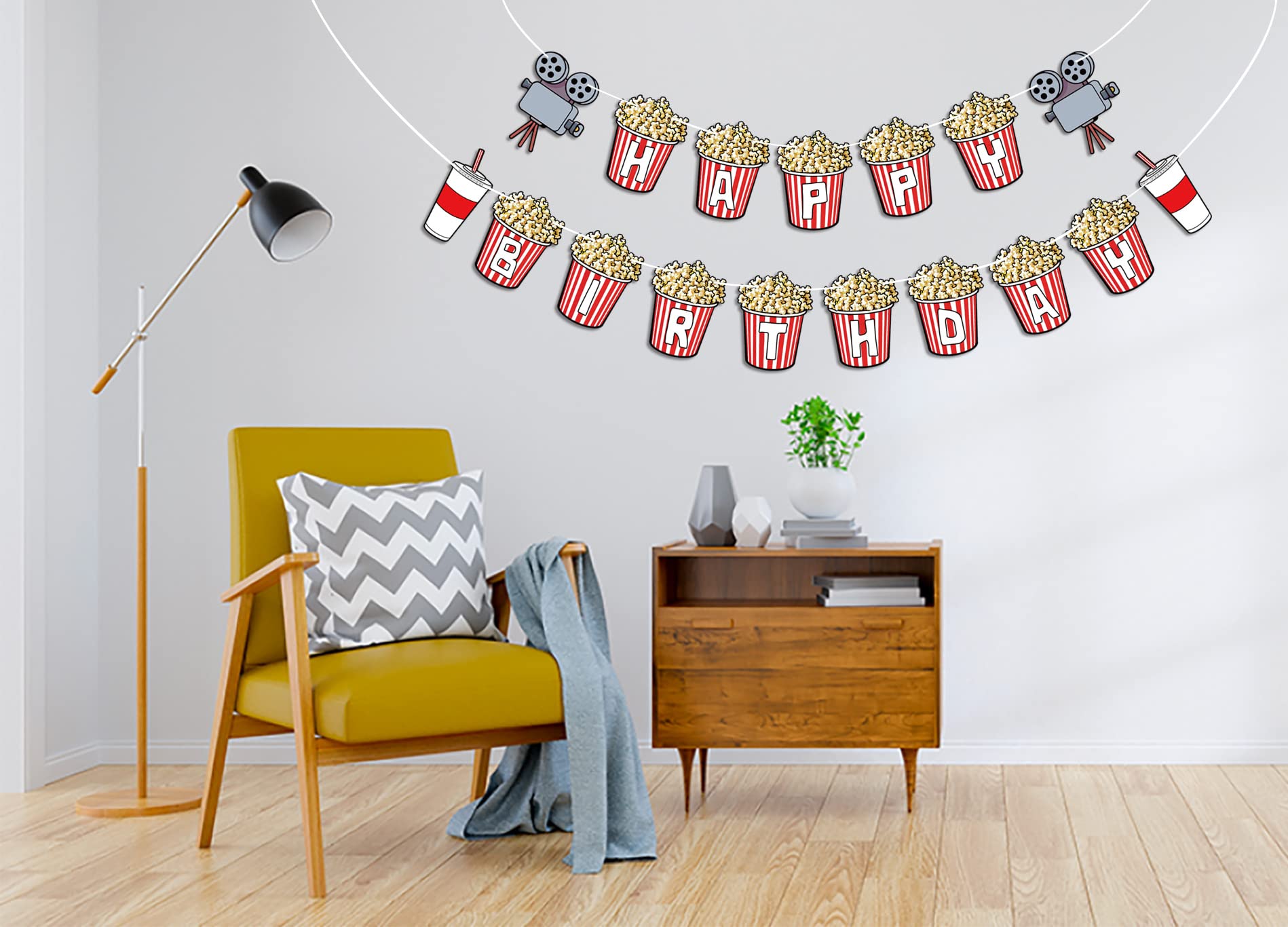 Movie Night Theme Happy Birthday Banner, Popcorn Inspired Birthday Party Sign, Watching Movie Bday Pennant Decor