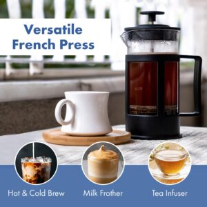 Any Morning Coffe Maker, Stainless Steel Borosilicate Glass French Press, Tea Press for Loose Tea, BPA Free, Heat Resistant Durable, Easy to Clean, 27 oz, Black